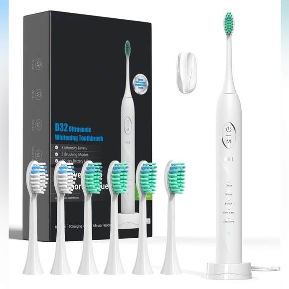 Rechargeable Electric Toothbrush W 5 Modes &  Timer, 6 Replacement Brush Heads - Picture 1 of 8